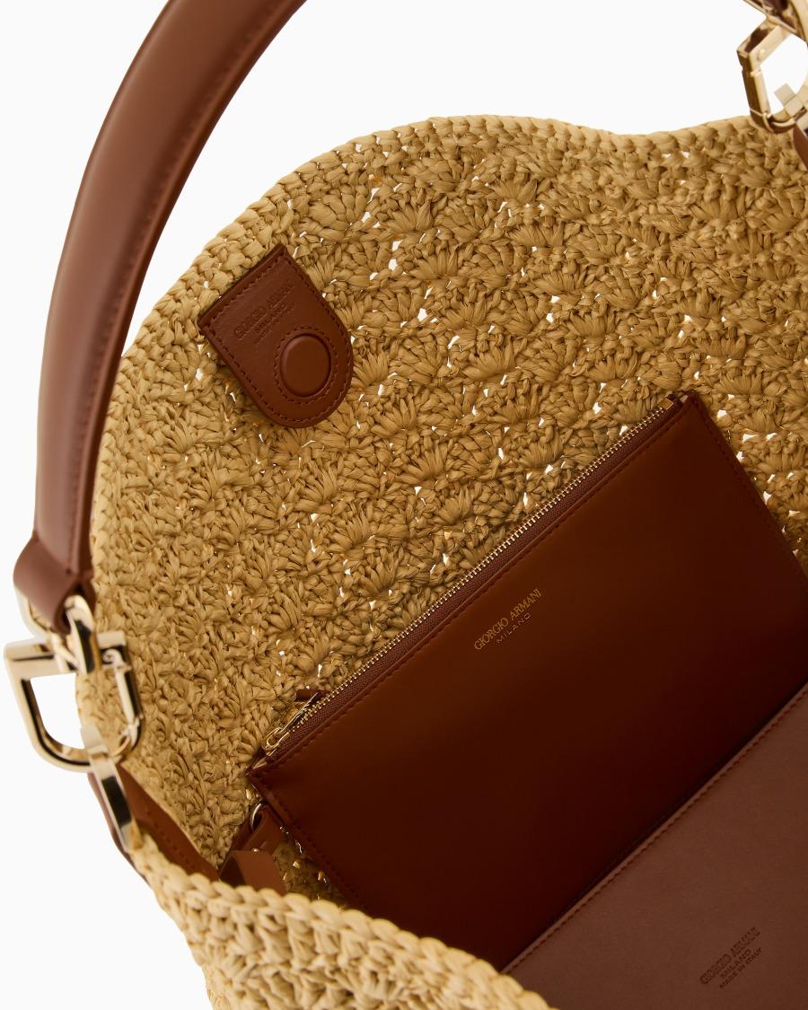 The world of armani BORSA A SPALLA MEDIA IN RAFIA PUNTO VENTAGLIO E PELLE Super sconto