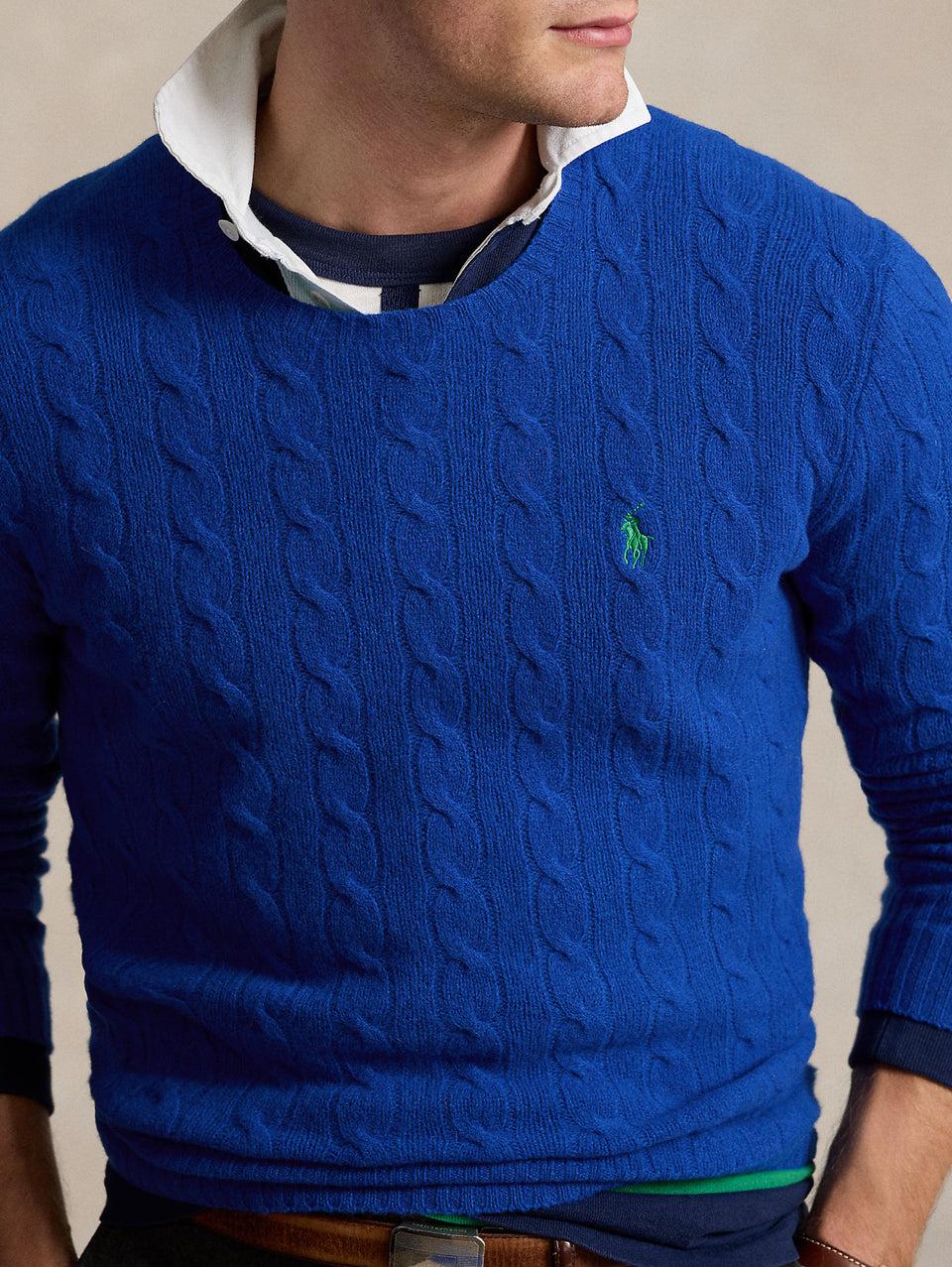 RALPH LAUREN Maglia in Lana e Cashmere a Trecce Blu Saldi