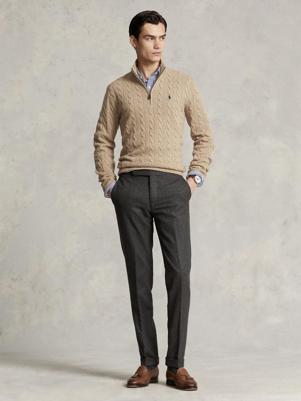 RALPH LAUREN Maglia Mezza Zip a Trecce Cammello Vendita Economica