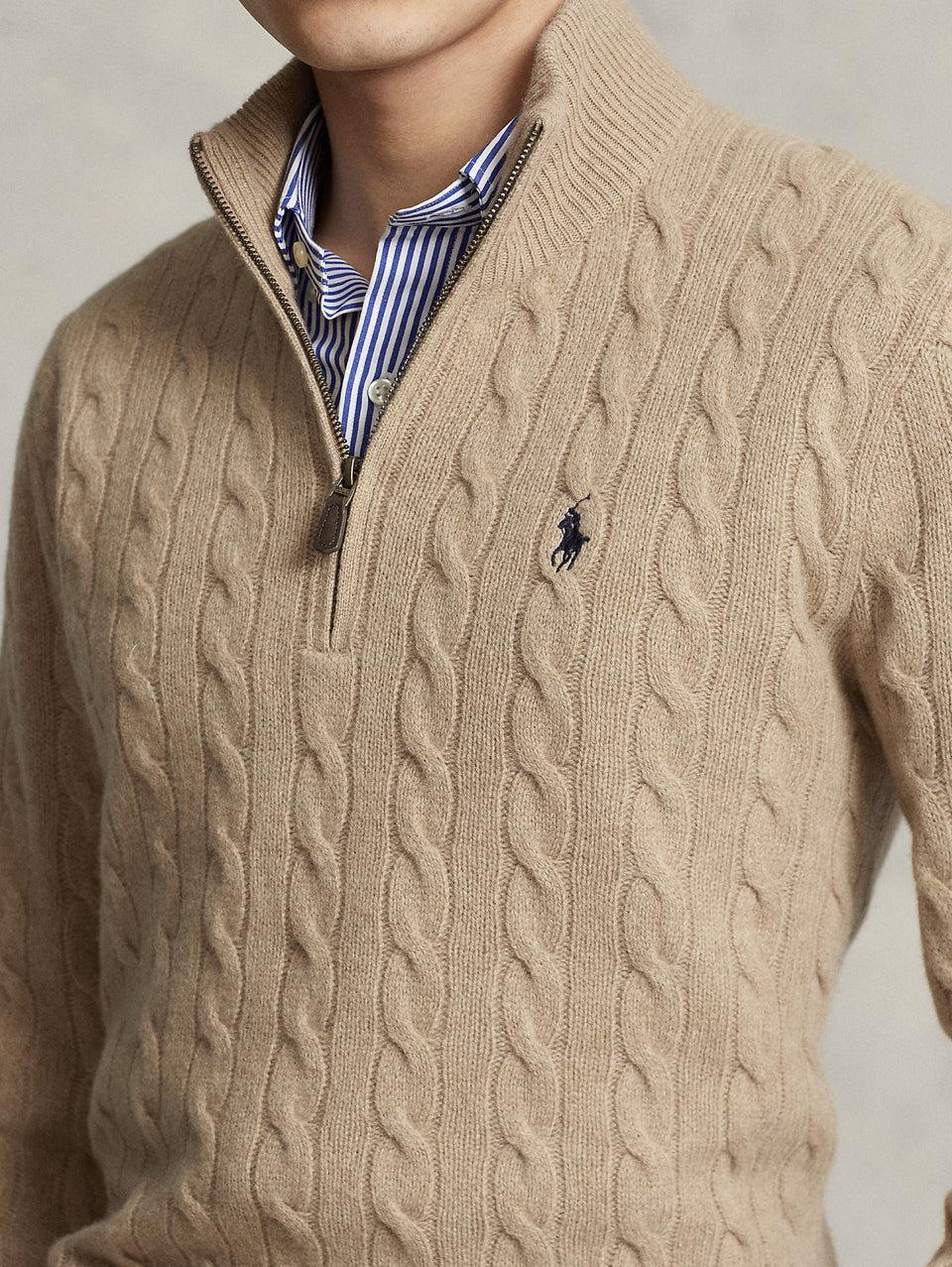RALPH LAUREN Maglia Mezza Zip a Trecce Cammello Vendita Economica