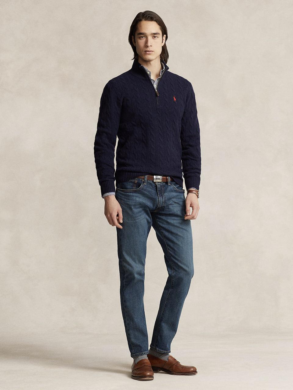 RALPH LAUREN Maglia Mezza Zip a Trecce Blu In Saldo