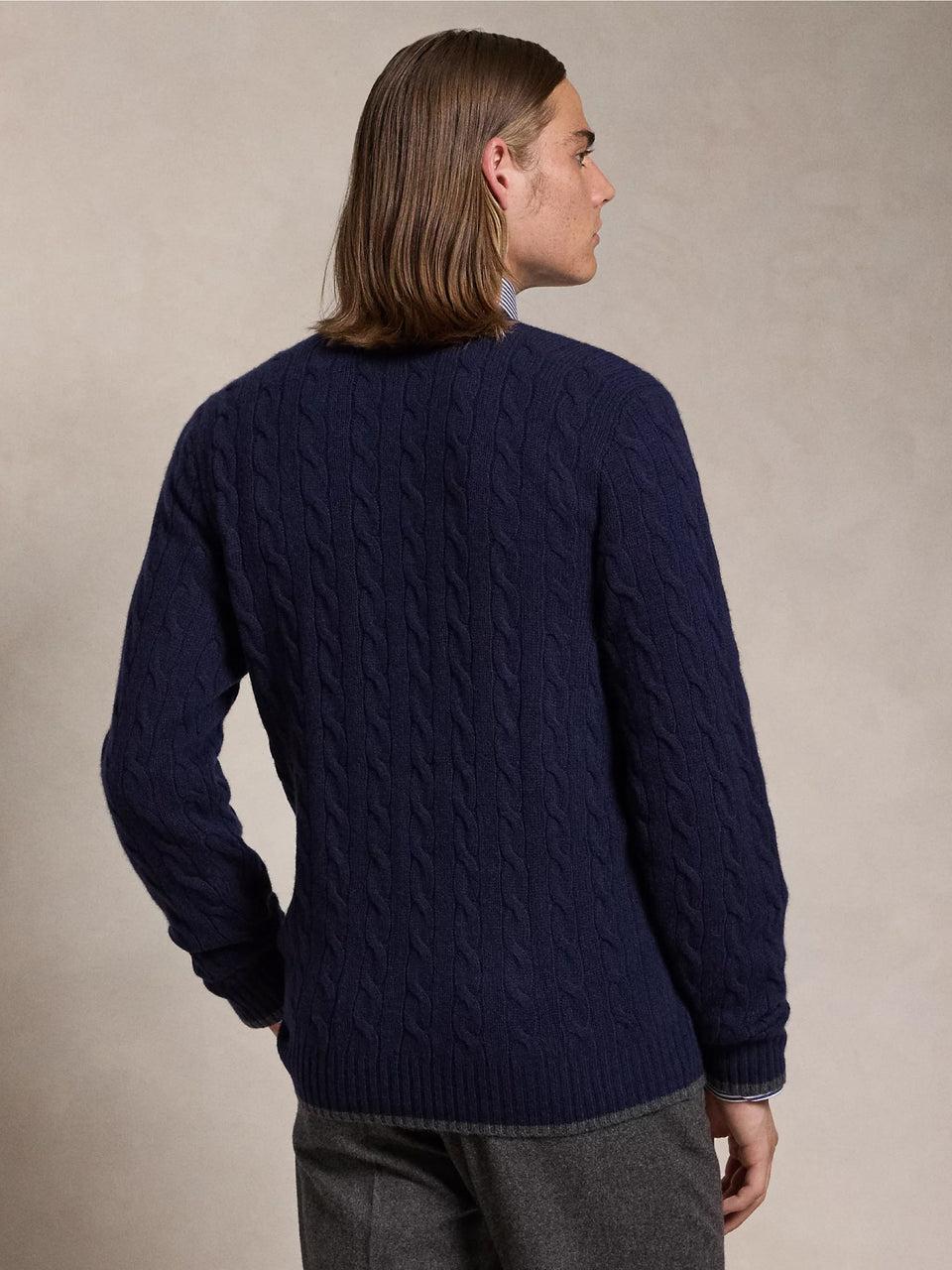 RALPH LAUREN Cardigan in Lana e Cashmere a Trecce Blu Italy