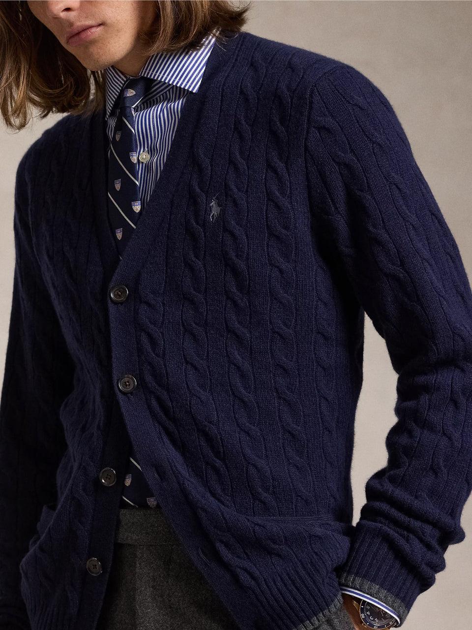 RALPH LAUREN Cardigan in Lana e Cashmere a Trecce Blu Italy