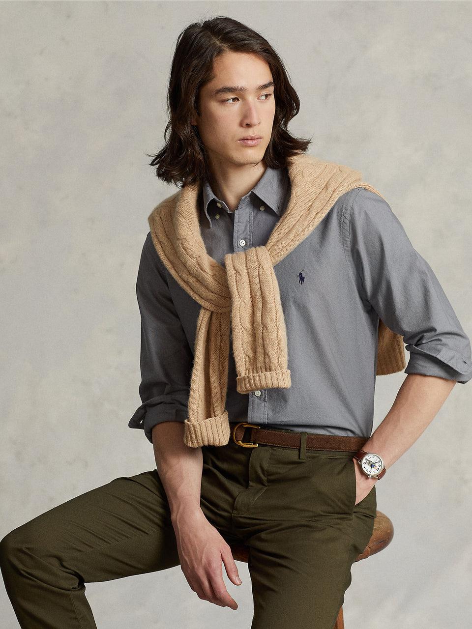RALPH LAUREN Camicia in Cotone Oxford Slim Filt Grigia In Saldo