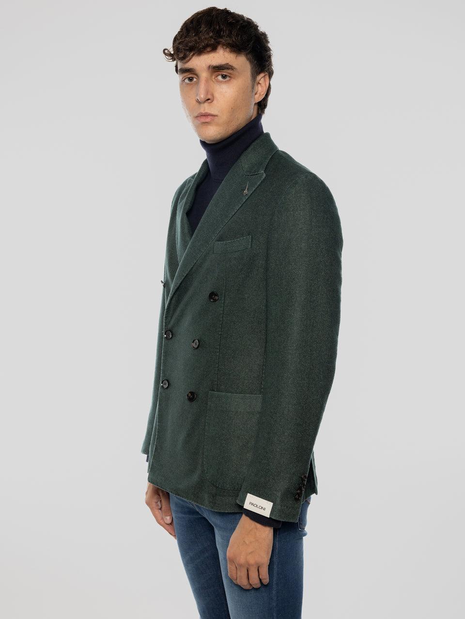 PAOLONI Giacca Doppio Petto in Lana Frosted Verde Vendita Economica