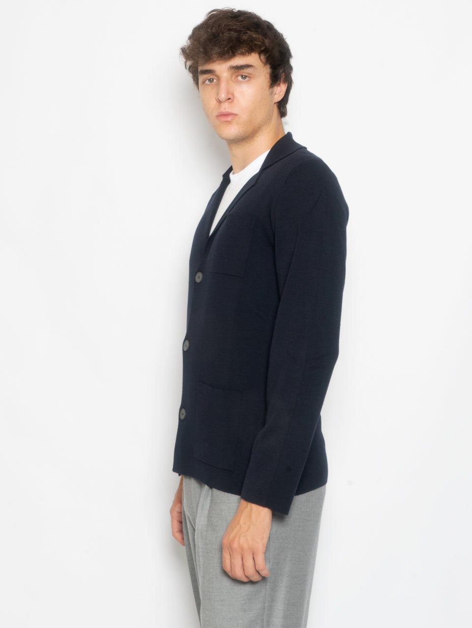 ALPHA STUDIO Giacca in Maglia di Lana Extrafine Blu Notte In Saldo