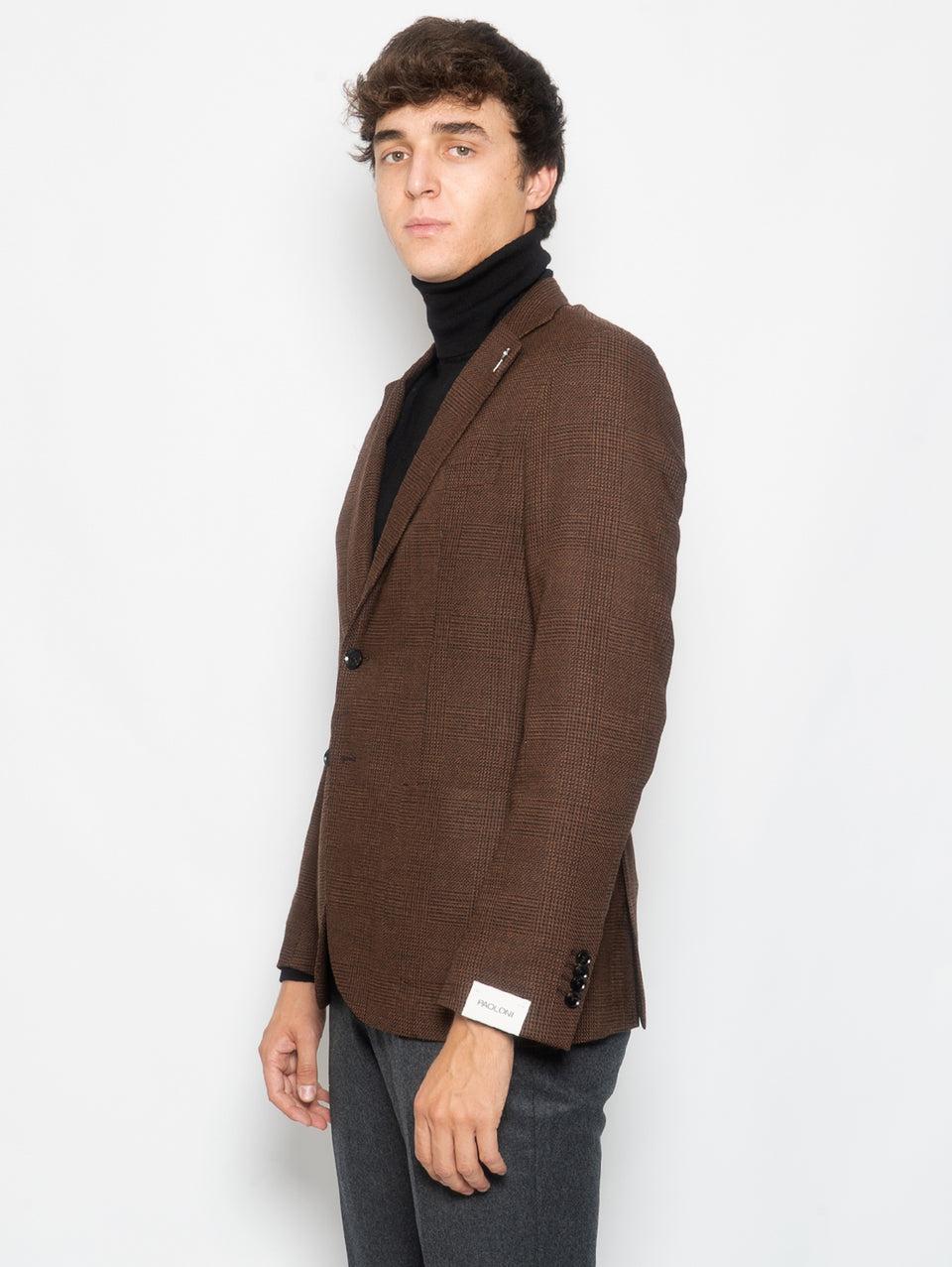 PAOLONI Giacca Principe di Galles in Lana Marrone Moda