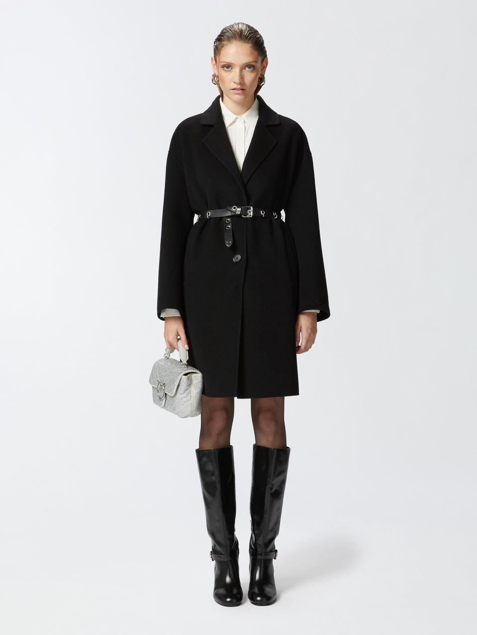 PINKO Cappotto Monopetto in Double di Lana Nero Saldi Di Fabbrica