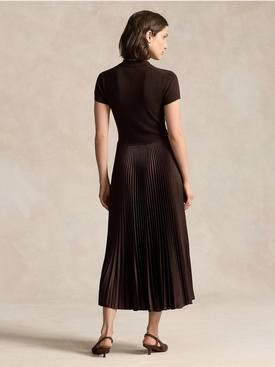 RALPH LAUREN Abito in Maglia con Gonna Plissé Marrone Spedizione Gratuita