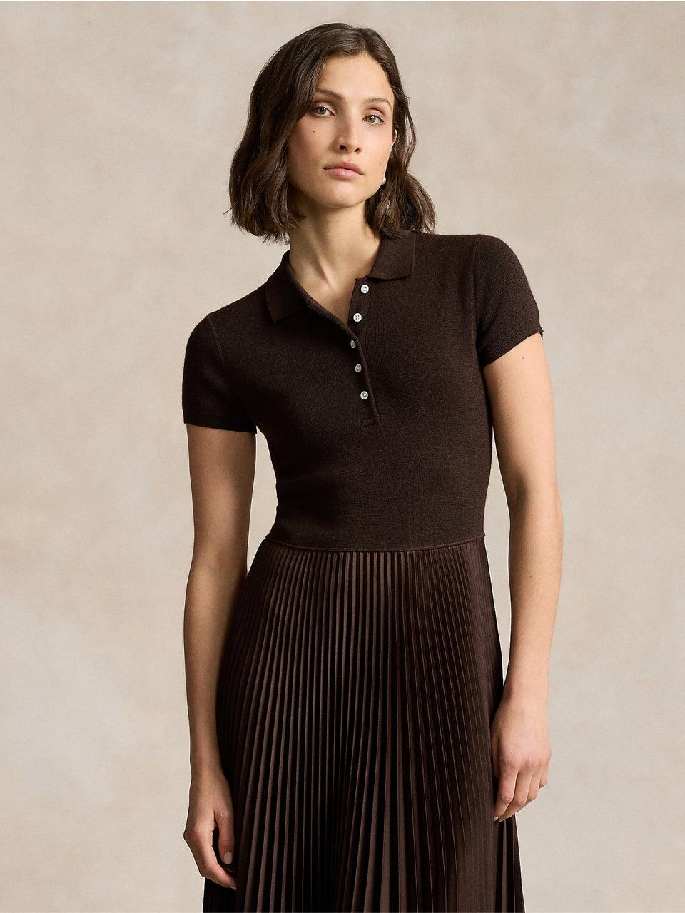 RALPH LAUREN Abito in Maglia con Gonna Plissé Marrone Spedizione Gratuita