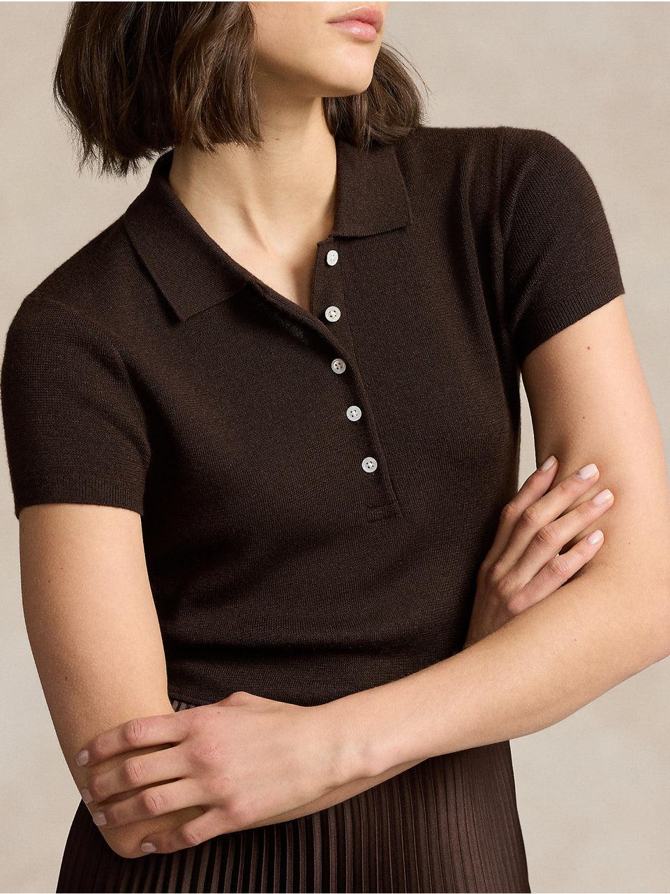 RALPH LAUREN Abito in Maglia con Gonna Plissé Marrone Spedizione Gratuita