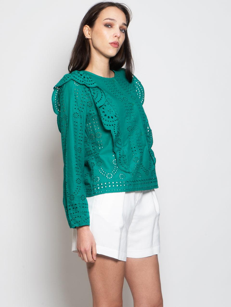 MUNTHE Blusa Girocollo in Cotone con Ricami Verde In Vendita