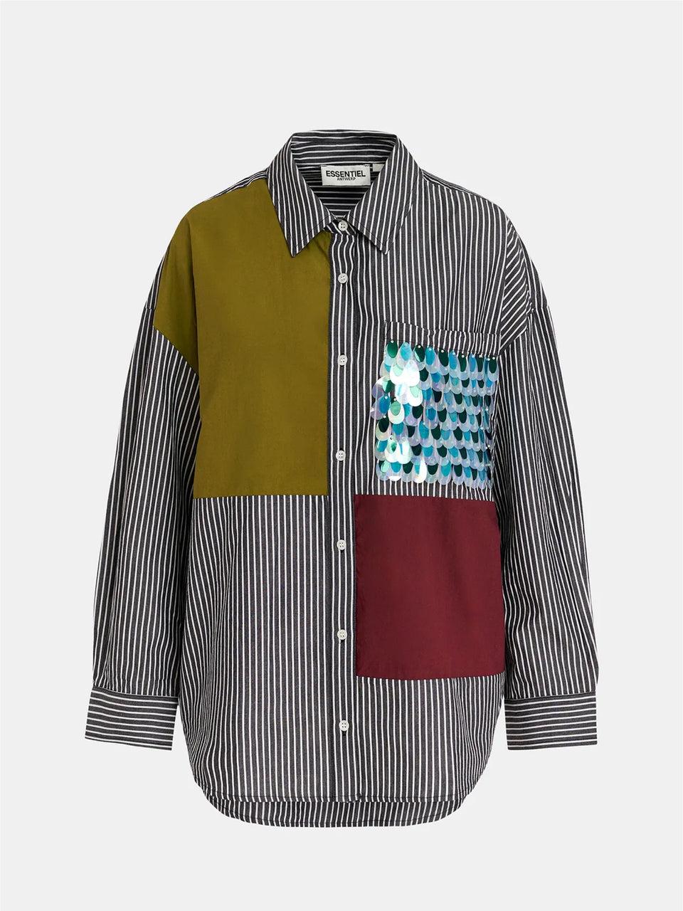 ESSENTIEL ANTWERP Camicia Over a Righe Patchwork Nero Hotsell
