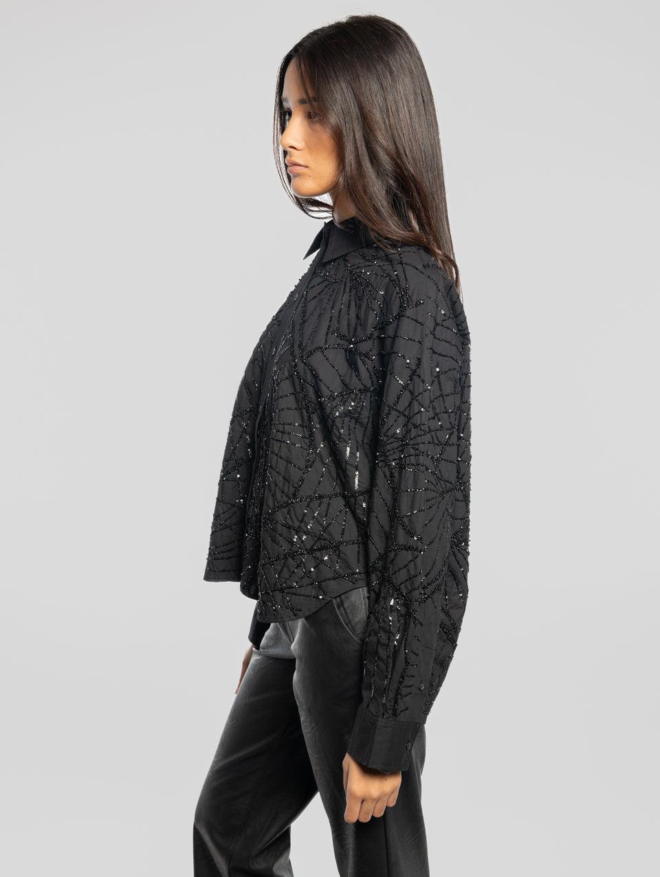 ESSENTIEL ANTWERP Camicia Squadrata con Paillettes Nero Vendita Calda
