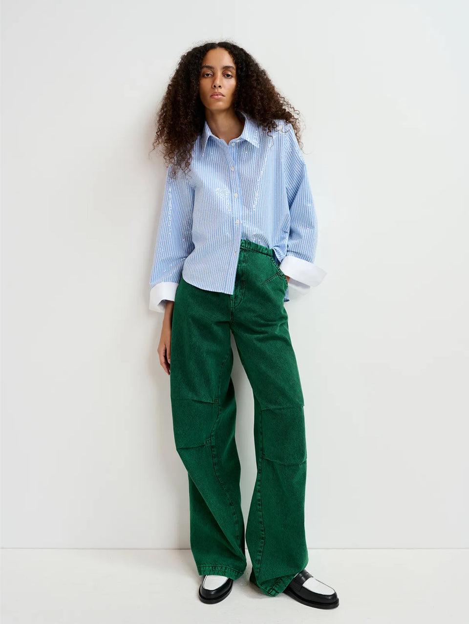 ESSENTIEL ANTWERP Camicia a Righe con Paillettes Bianco/Blu Nuova