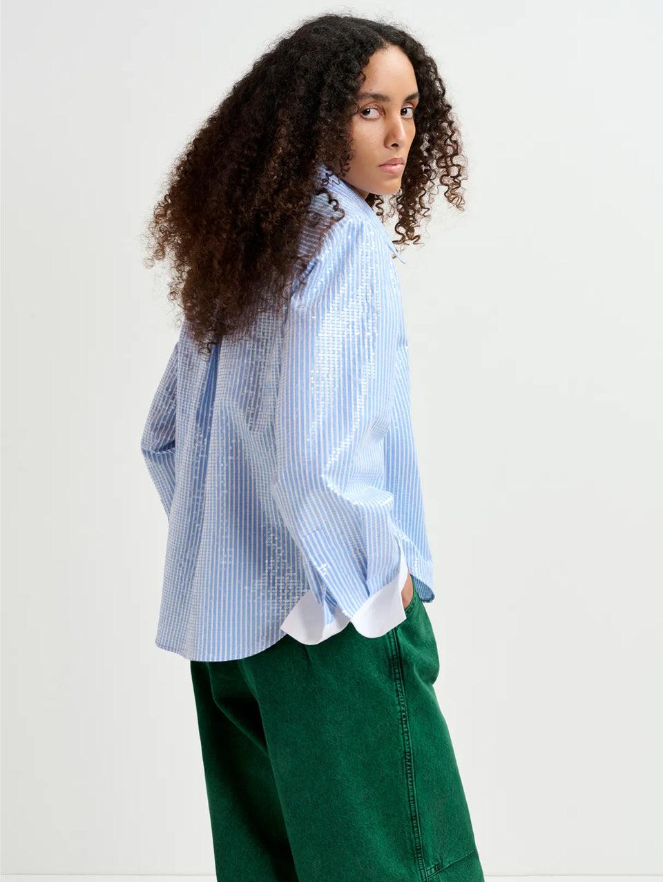 ESSENTIEL ANTWERP Camicia a Righe con Paillettes Bianco/Blu Nuova