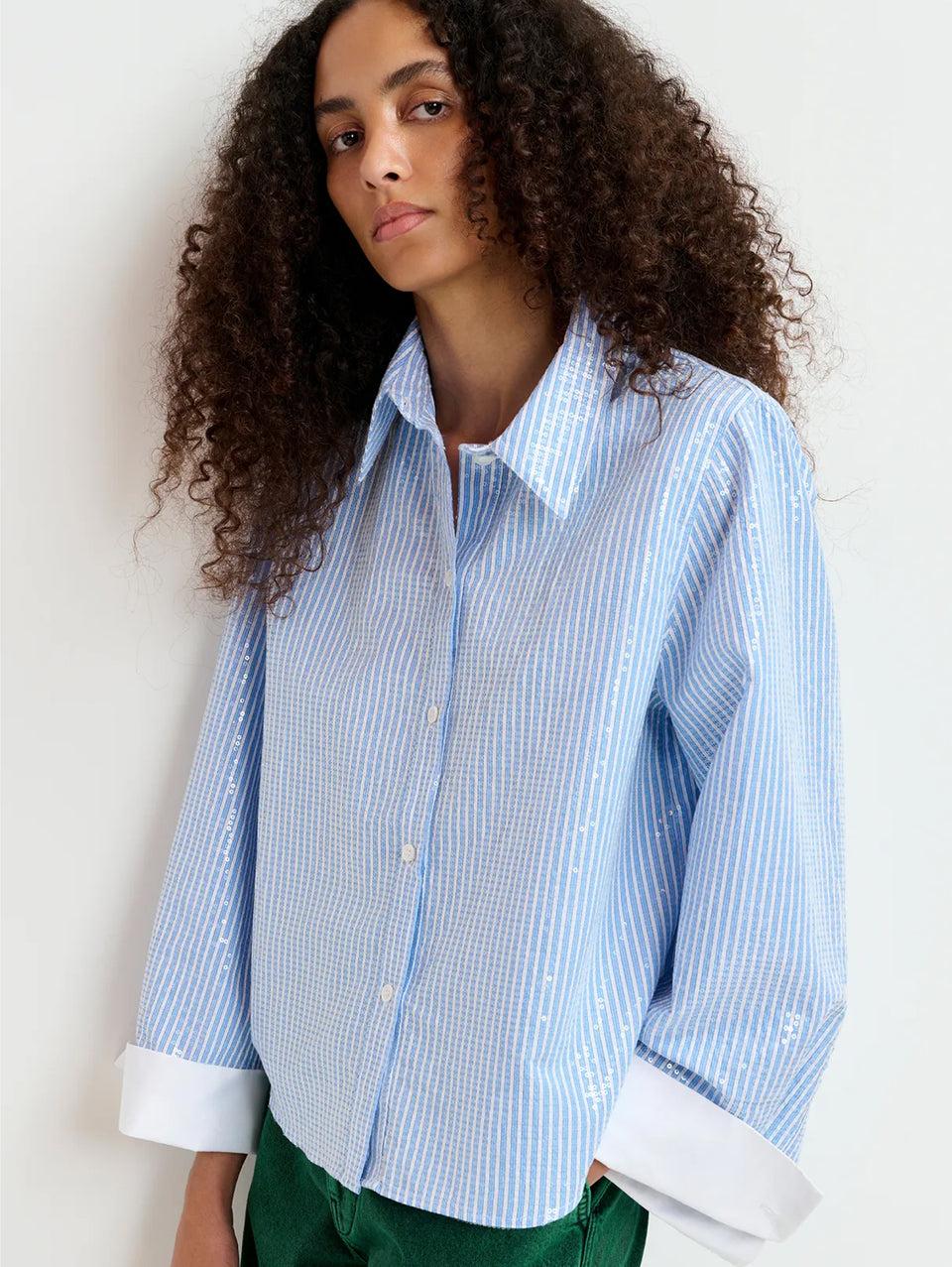ESSENTIEL ANTWERP Camicia a Righe con Paillettes Bianco/Blu Nuova