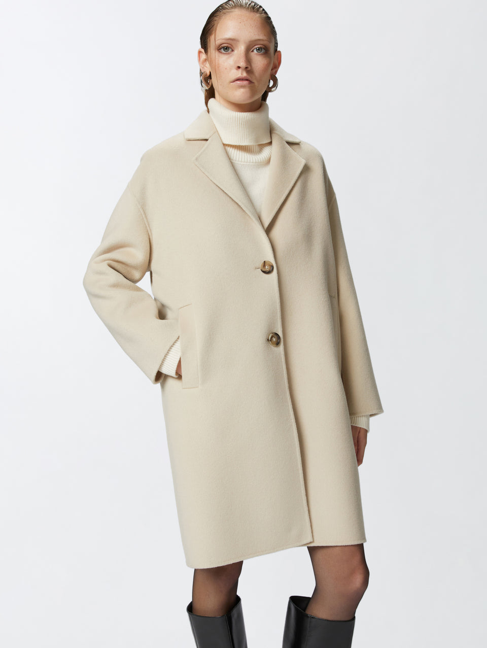 PINKO Cappotto Monopetto in Double di Lana Beige Nuovo