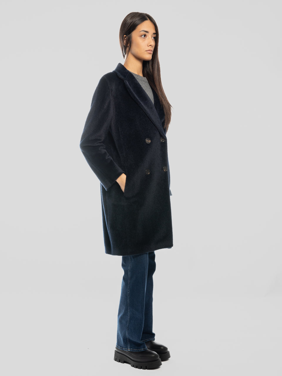 MAX MARA Cappotto Doppiopetto in Alpaca e Lana Roseto Blu Pezzi Unici