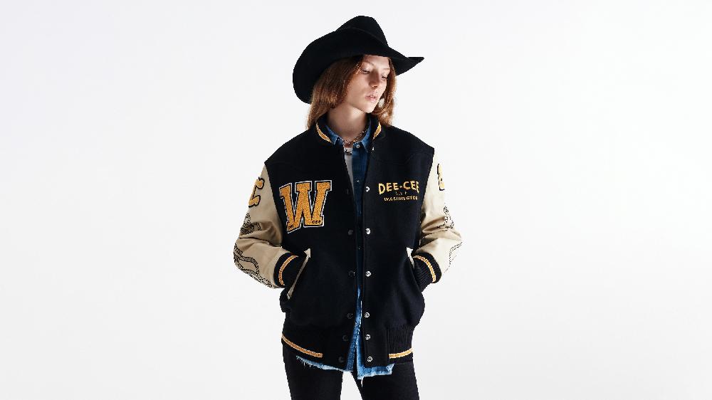Washington Dee Cee Black Wool Blend Varsity Bomber Jacket In Vendita