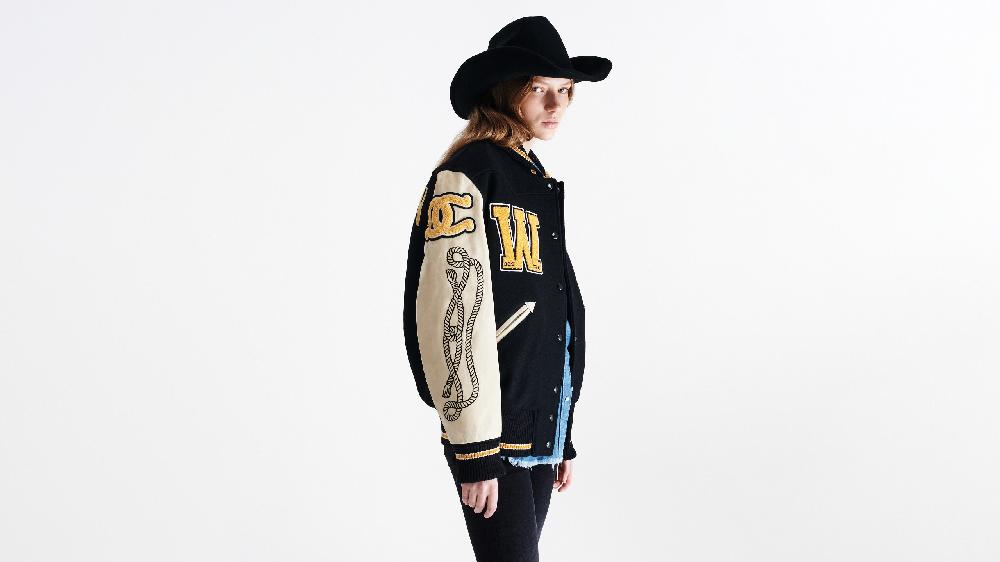 Washington Dee Cee Black Wool Blend Varsity Bomber Jacket In Vendita